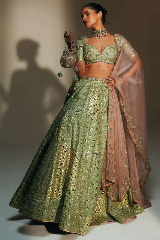 Rent Mahima Mahajan Pista Green Banarasi Silk Chanderi Lehenga Set
