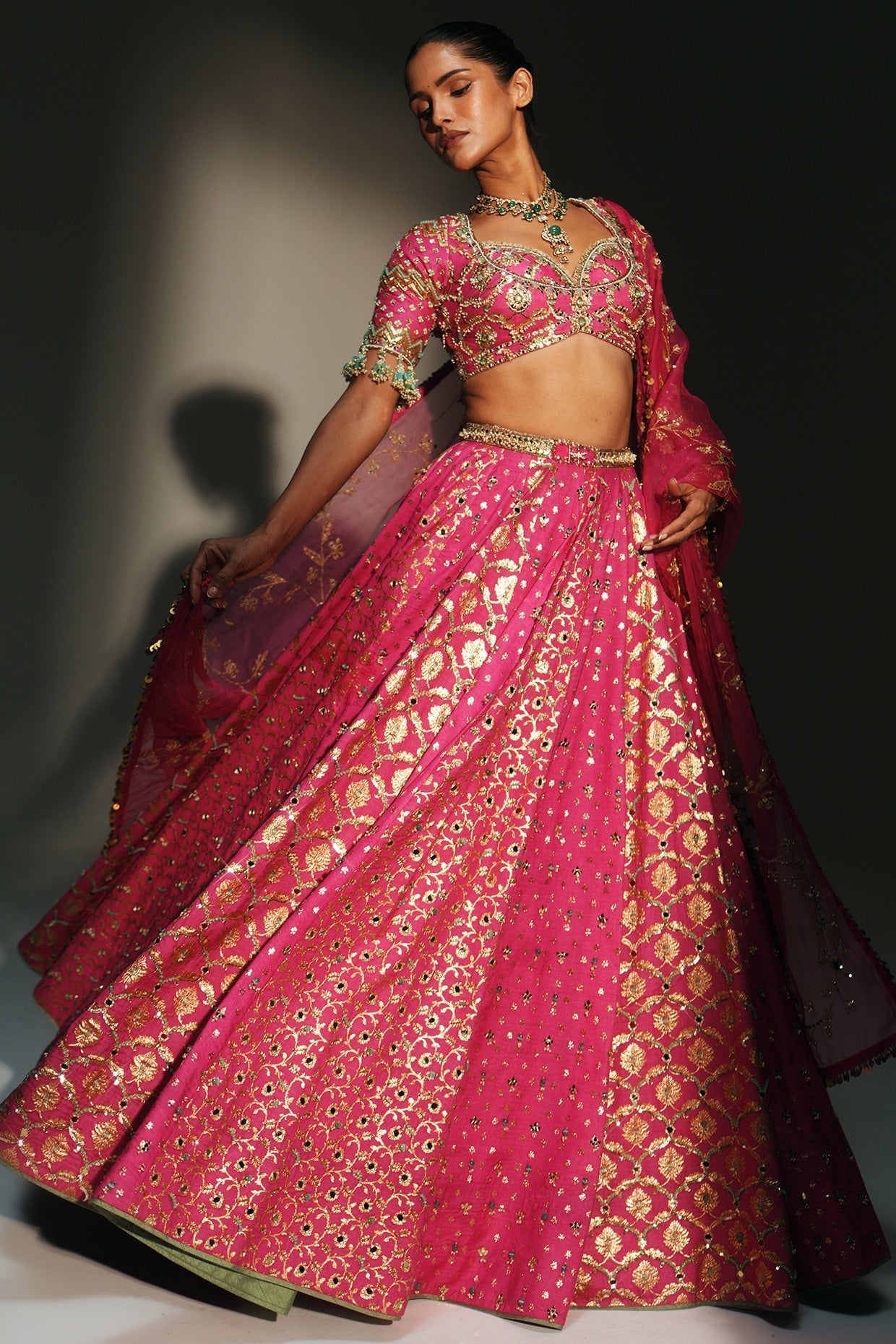 Rent Mahima Mahajan Rani Pink Banarasi Silk Chanderi Lehenga Set