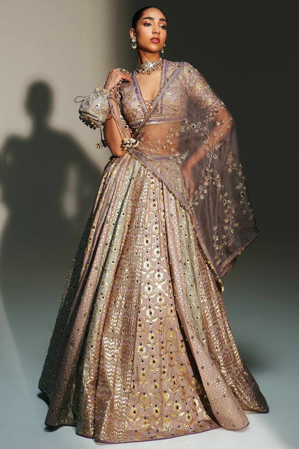 Rent Mahima Mahajan Platinum Banarasi Silk Chanderi Lehenga Set