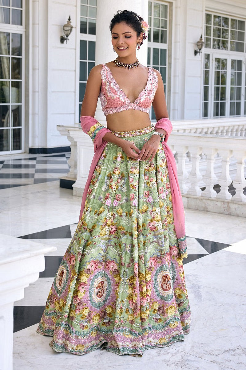 Rent Green and pink floral printed lehenga set