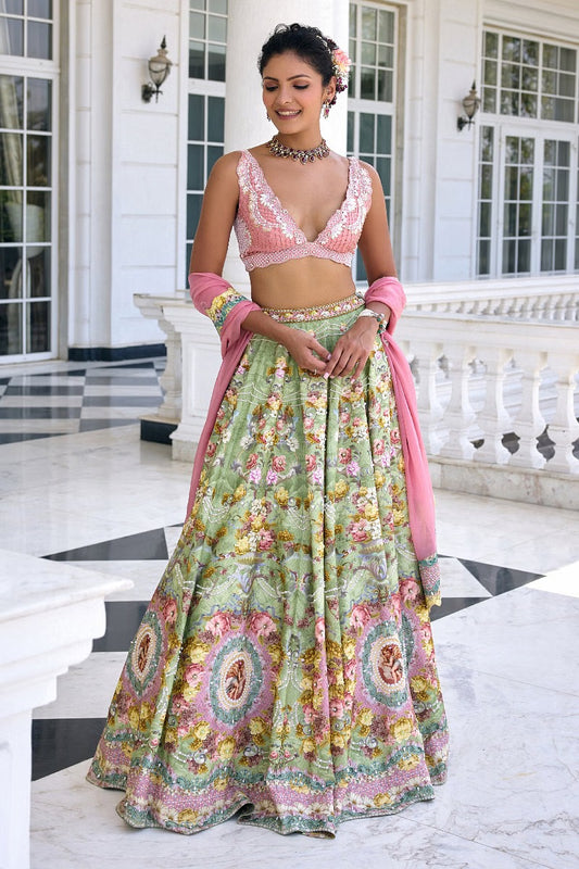 Rent Green and pink floral printed lehenga set