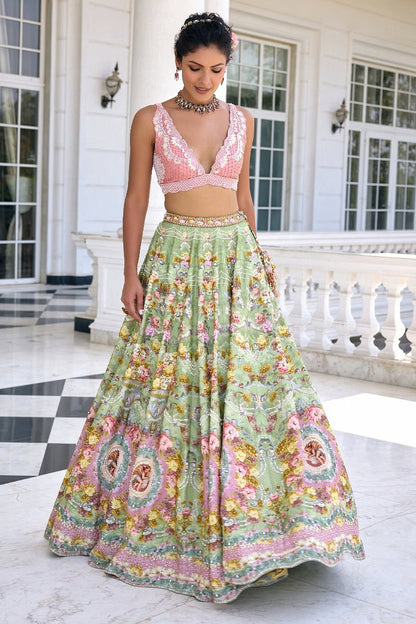 Rent Green and pink floral printed lehenga set