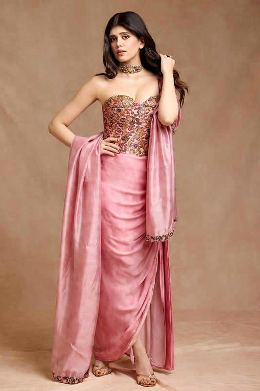 Rent Dusky pink printed corset and draped skirt set
