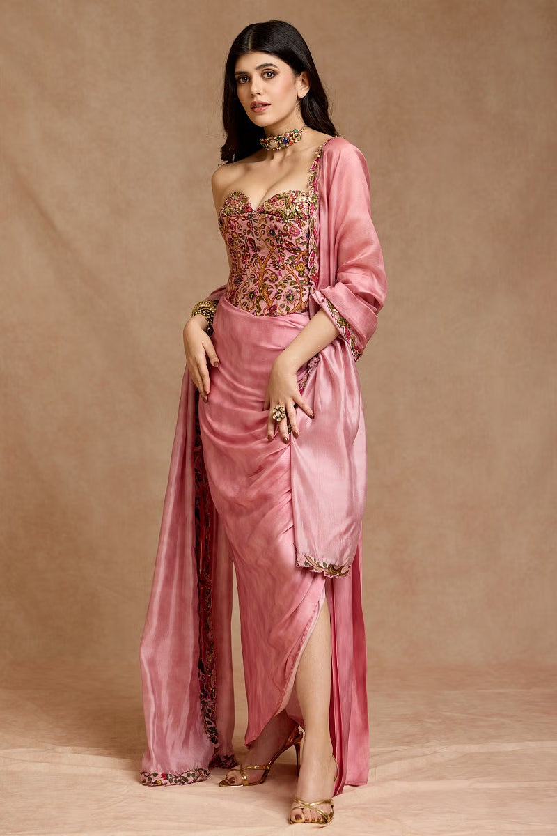 Rent Dusky pink printed corset and draped skirt set