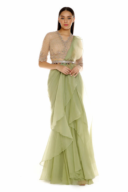 Rent Ridhi Mehra Chiffon Organza Draped Ruffle Saree