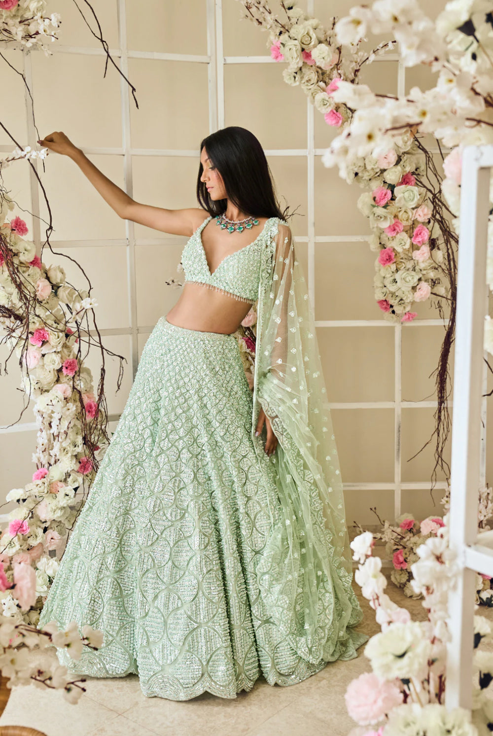 Mint Sequins Embroidered Lehenga Set