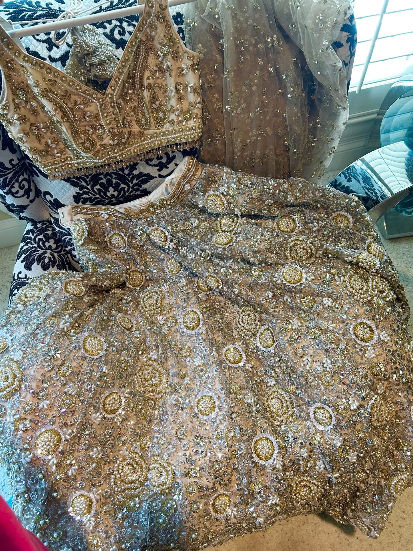Ivory Net Sequins Embroidery Lehenga