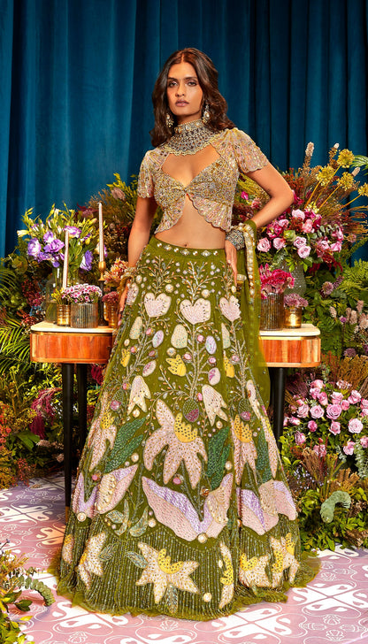 papa-dont-preach-by-shubhika-agnes-olive-green-lehenga-set