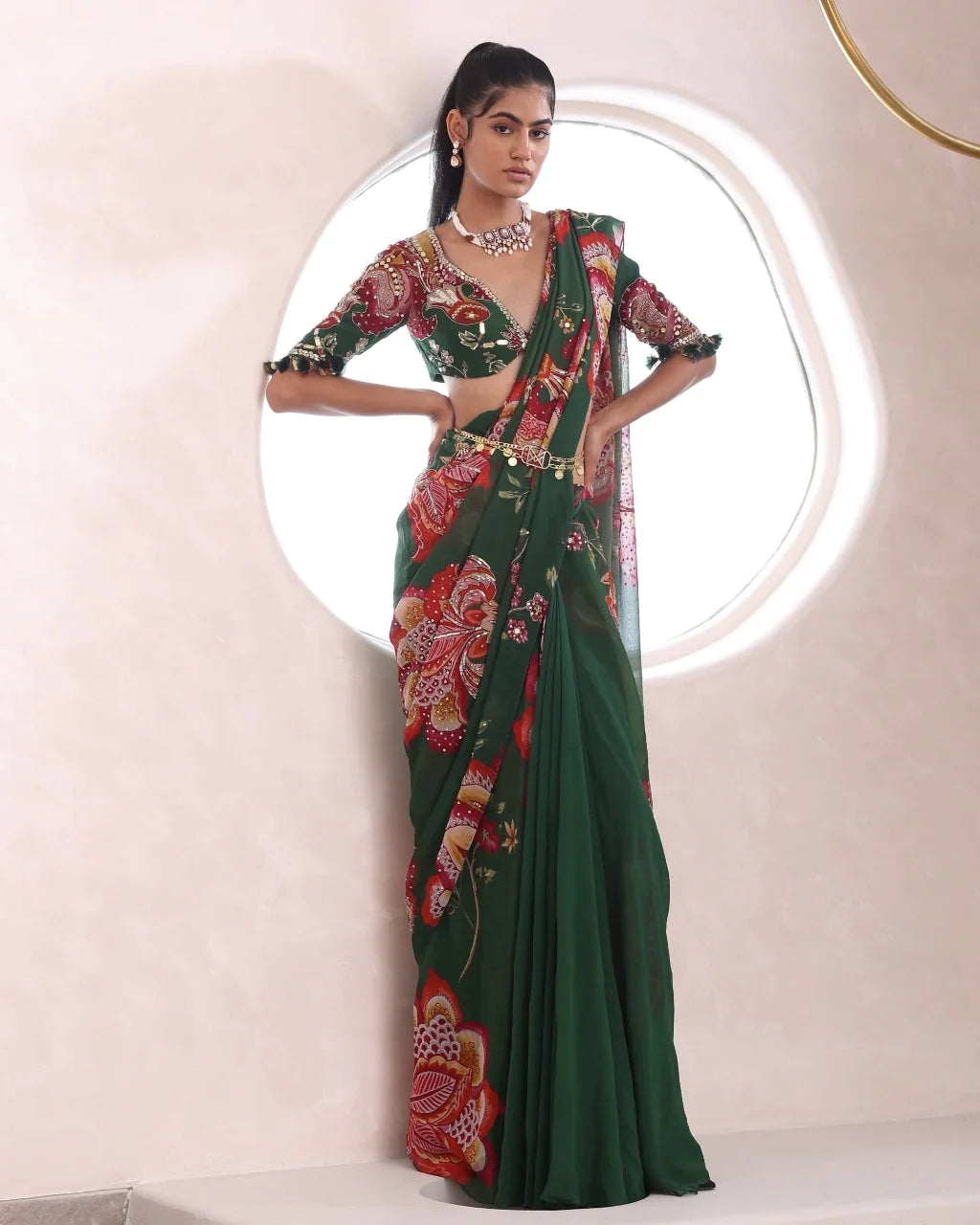 mahima-mahajan-green-georgette-pre-draped-saree