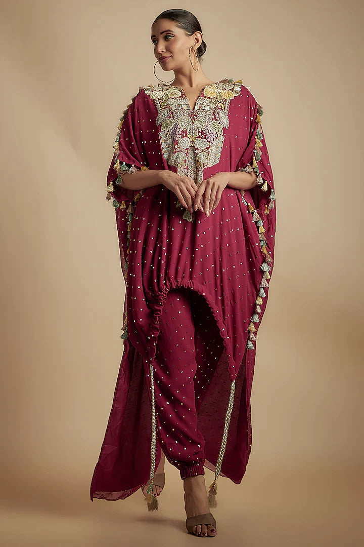 payal-singhal-maroon-mukaish-georgette-applique-embroidered-high-low-kurta-set