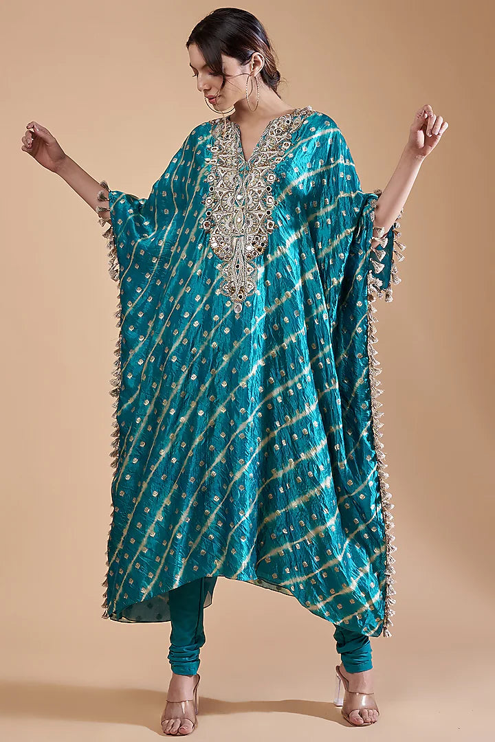 payal-singhal-teal-leheriya-silk-hand-embroidered-kaftan-set